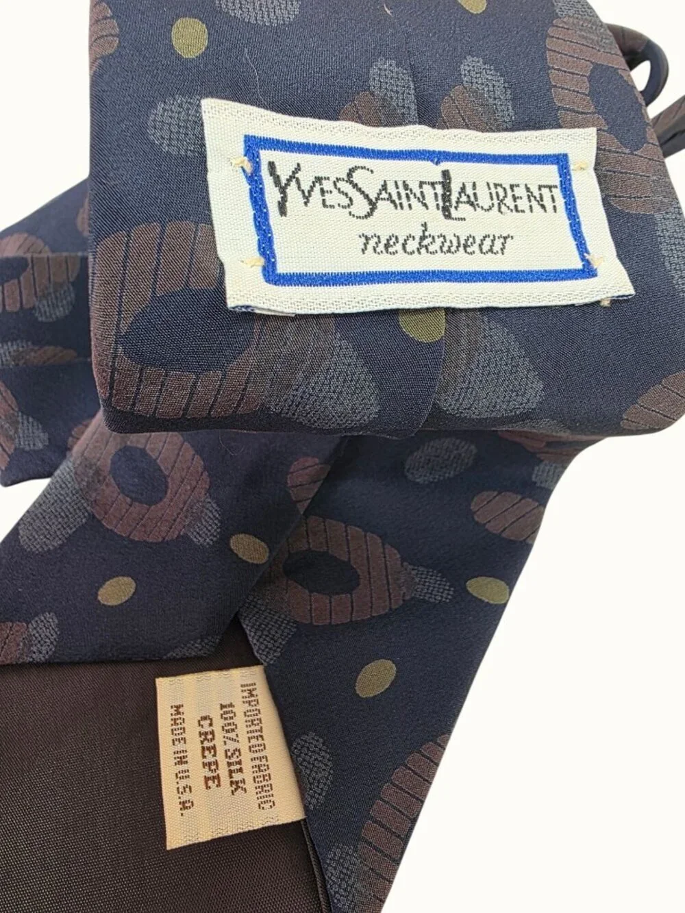 YSL Vintage 90s Tie Blu-Gray Brown Abstract Spot Pebble Silk Necktie 3.5”